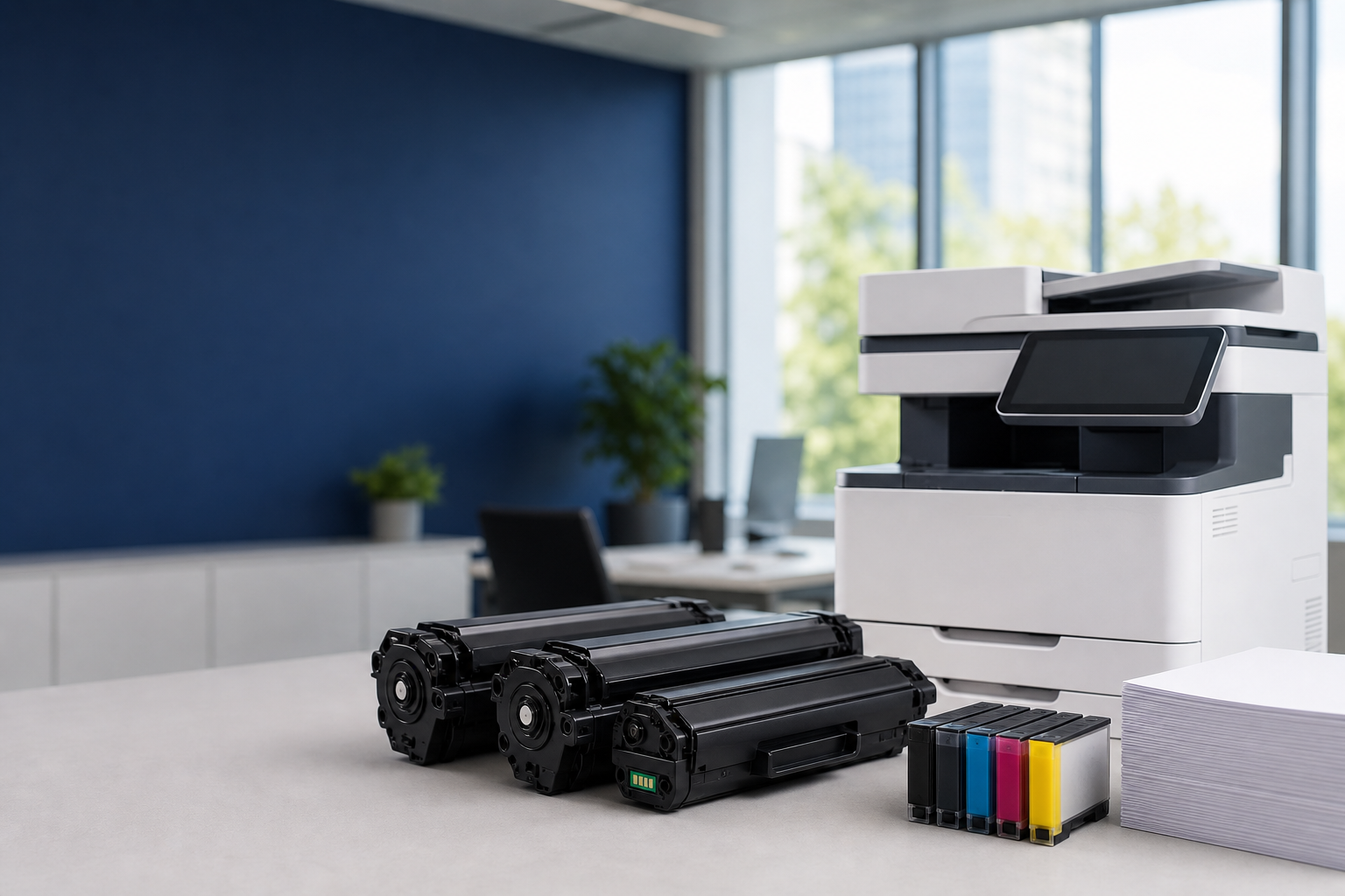 Modern office with printer, toner cartridges, ink and paper
